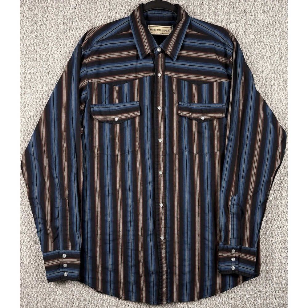 Bit & Bridle Striped Western Pearl Snap Shirt Mens L Cowboy Ranch
